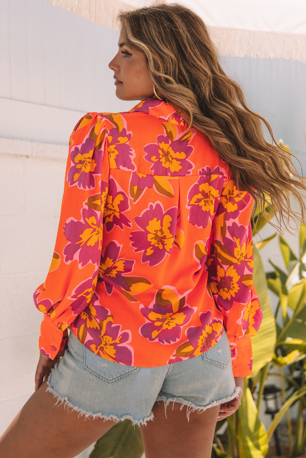 Floral Print Lantern Sleeve Shirt