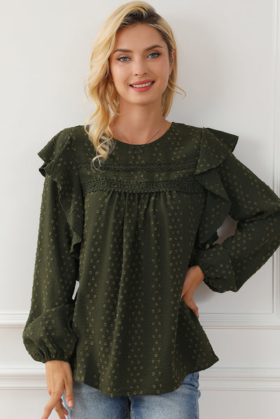 Blackish Green Lace Eyelet Ruffle Shoulder Long Sleeve Blouse