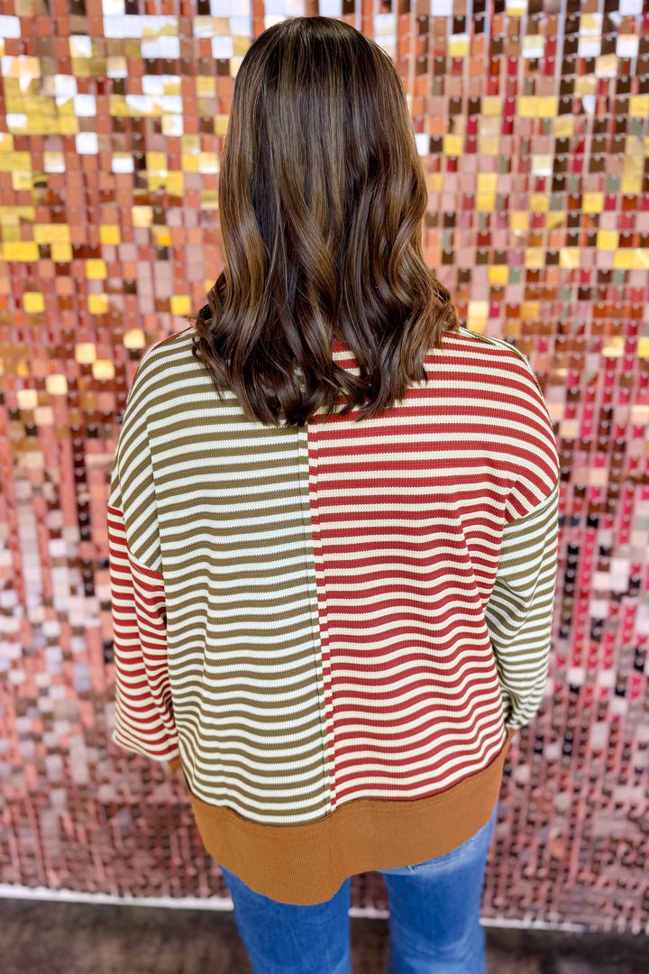Brown Stripe Striped Colorblock V Neck Oversized Long Sleeve Plus Size Blouse