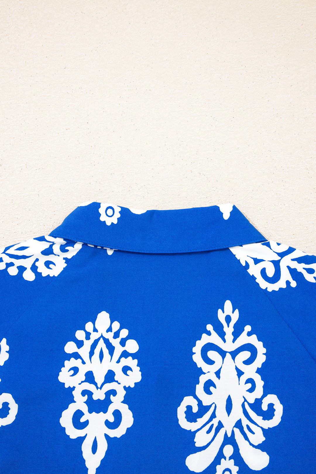 Blue Ethnic Geometric Print Collared Button Front Short Puff Sleeve Mini Dress