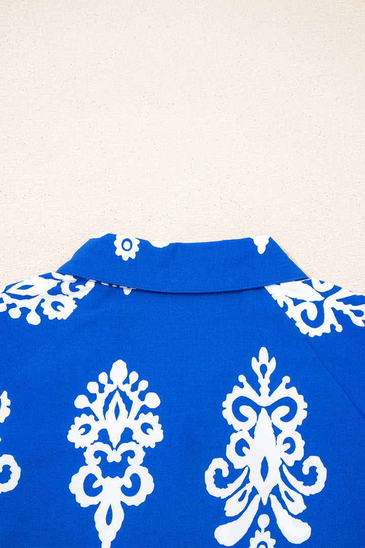 Blue Ethnic Geometric Print Collared Button Front Short Puff Sleeve Mini Dress