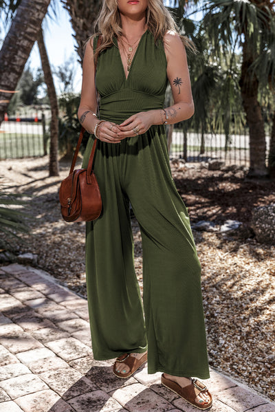 Moss Green Sleeveless V Neck Ruched Wide Leg Jumpsuit