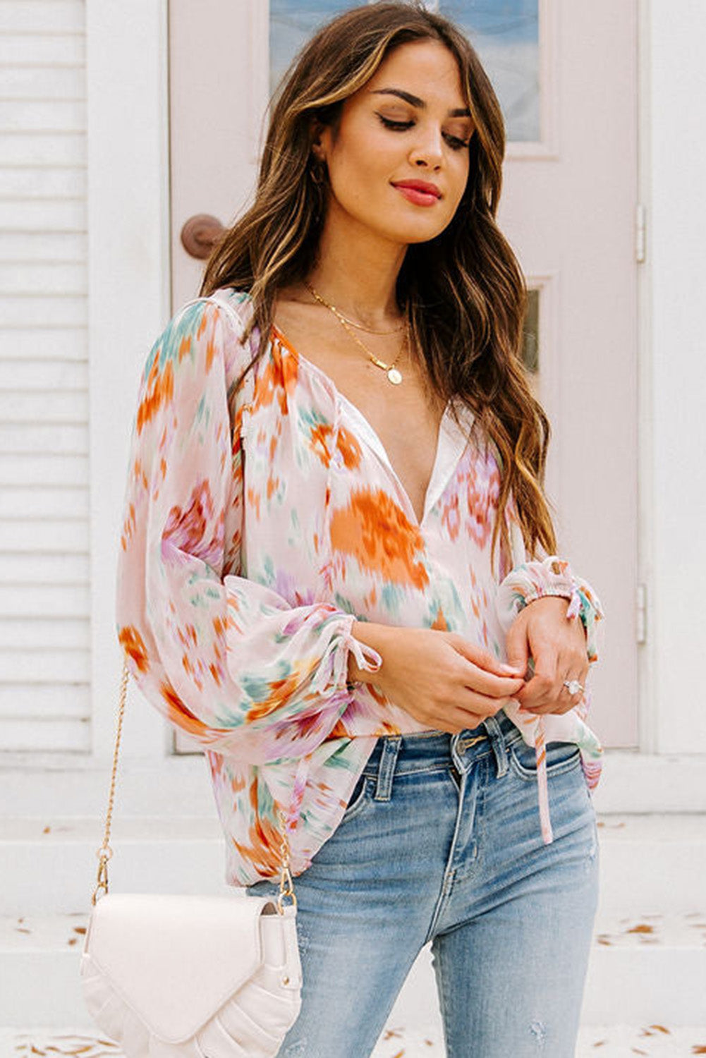 Multicolor Abstract Print Split Neck Puff Sleeve Blouse