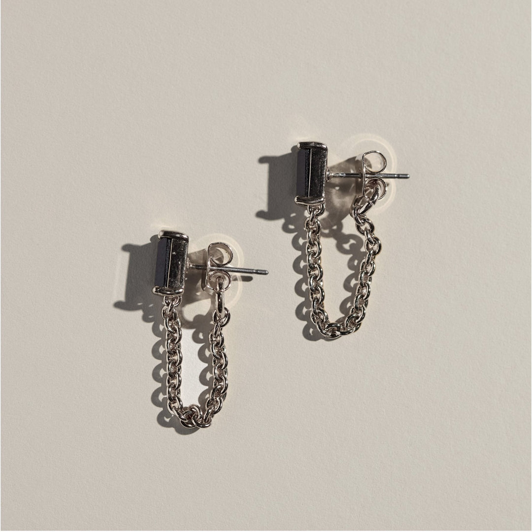 Black Baguette Chain Drop Studs