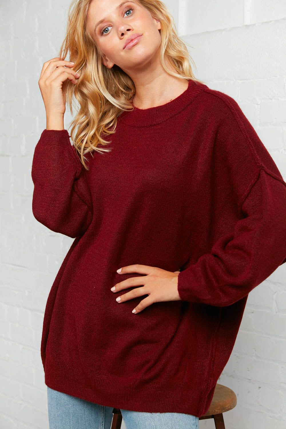 Burgundy Oversized Out Seam Knit Sweater Top - Sybaritic Bags & Clothing