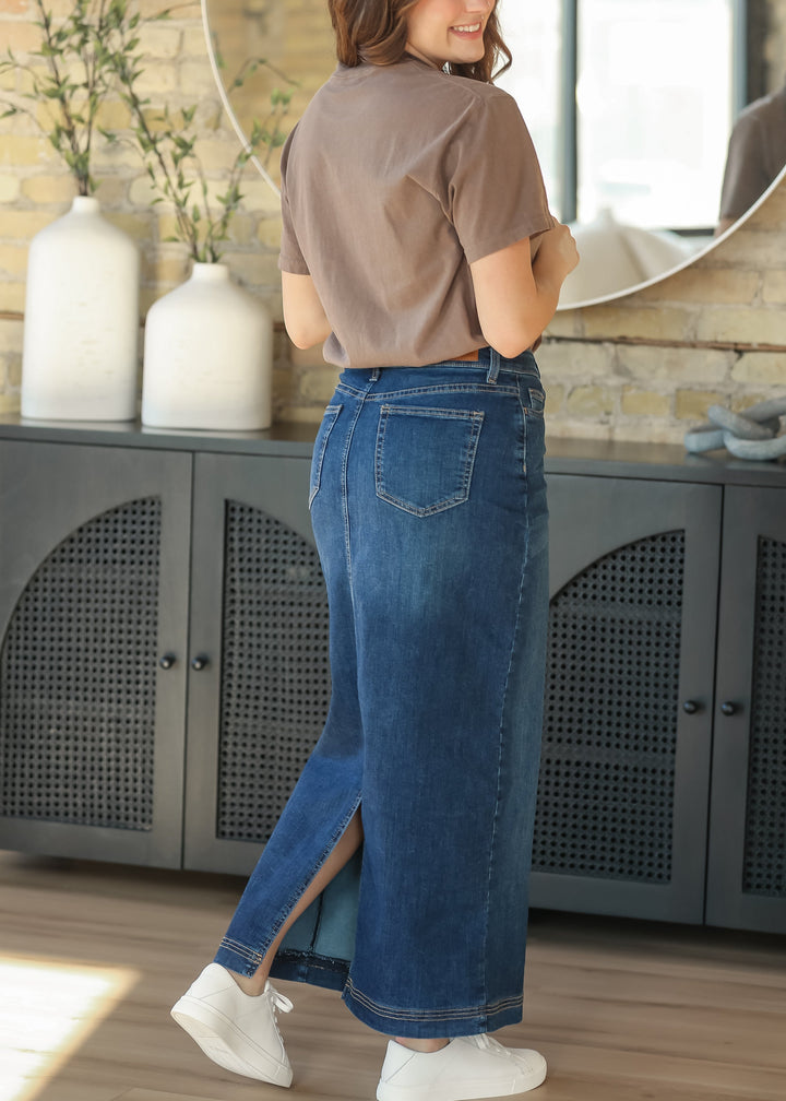 Bria Dark Wash Denim Maxi Skirt