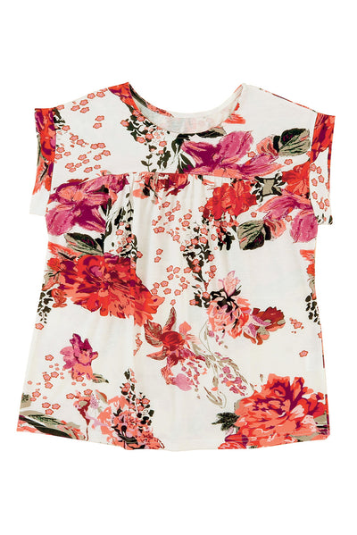 Fiery Red Floral Short Sleeve Round Neck Blouse