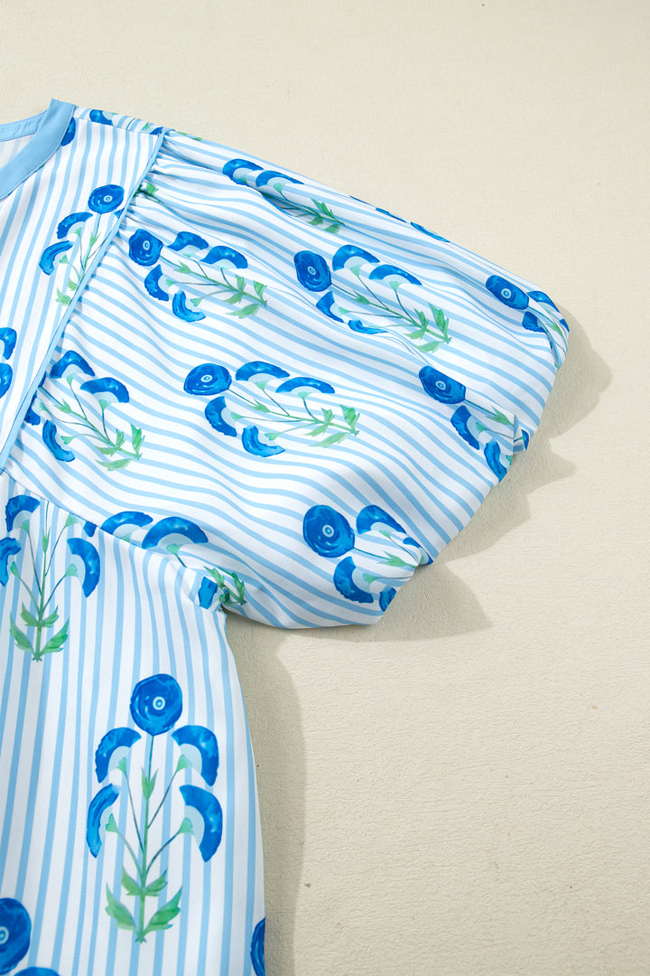 Sky Blue Floral Striped Bubble Short Sleeve Plus Size Dress