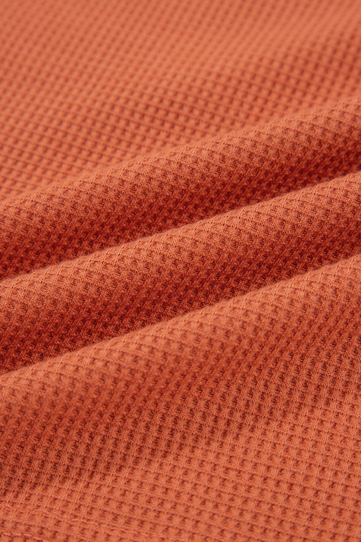 Cinnamon Waffle Printed Patchwork Drawstring Hooded Long Sleeve Top