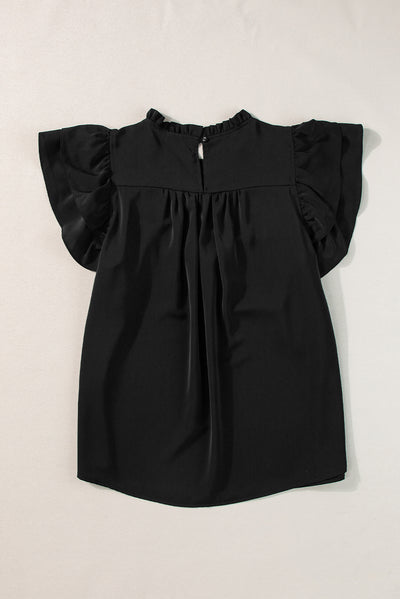 Black Smocked Ruffle Sleeve Blouse