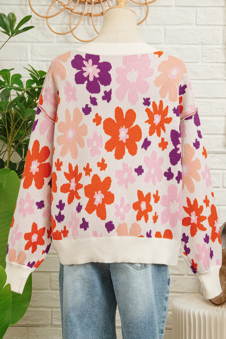 Khaki Fall Floral Pattern Drop Shoulder Sweater