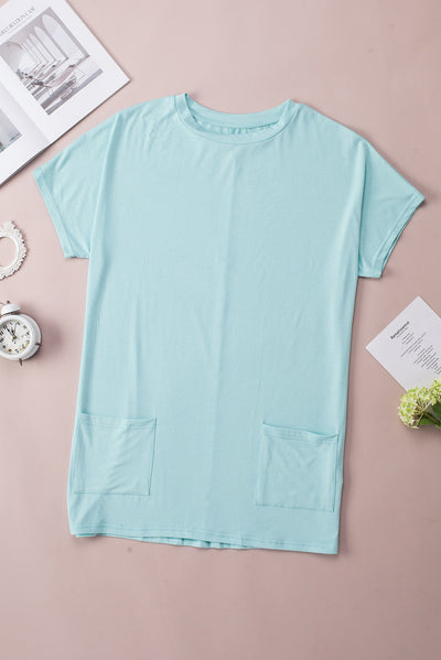 Light Blue Side Pockets Short Sleeve Tunic Top