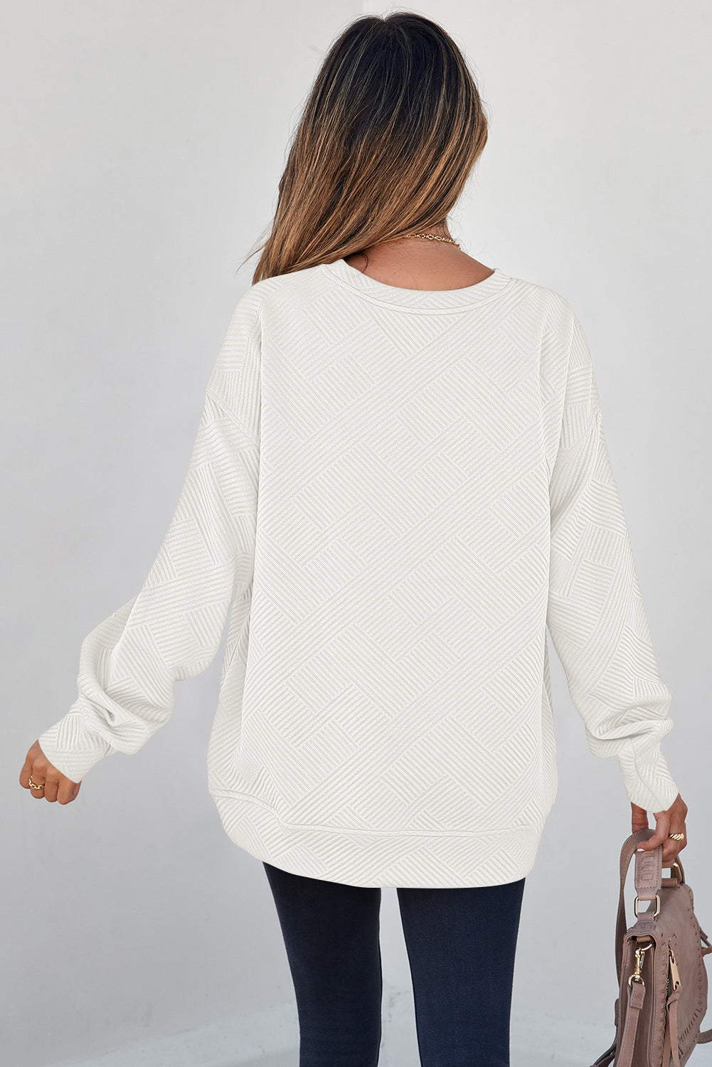 White Solid Color Textured Round Neck Drop Shoulder Pullover Sweatshirt