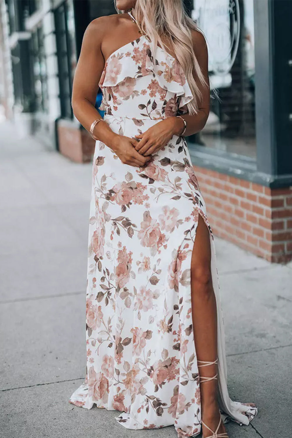 White Floral Slit Ruffled Halterneck Maxi Dress