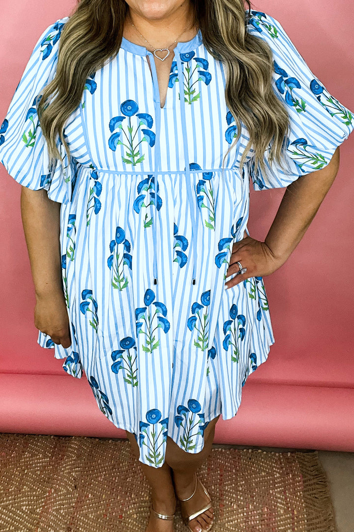 Sky Blue Floral Striped Bubble Short Sleeve Plus Size Dress