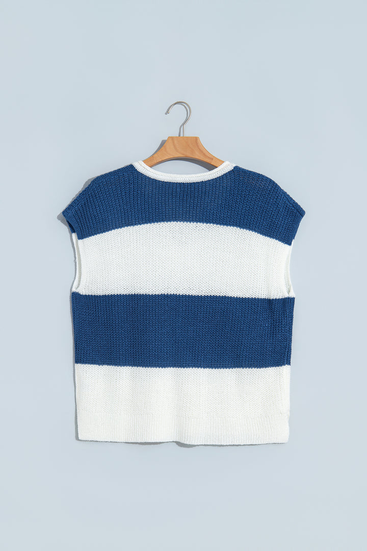 Brown Stripe Striped Colorblock Knit V Neck Short Sleeve Loose Sweater
