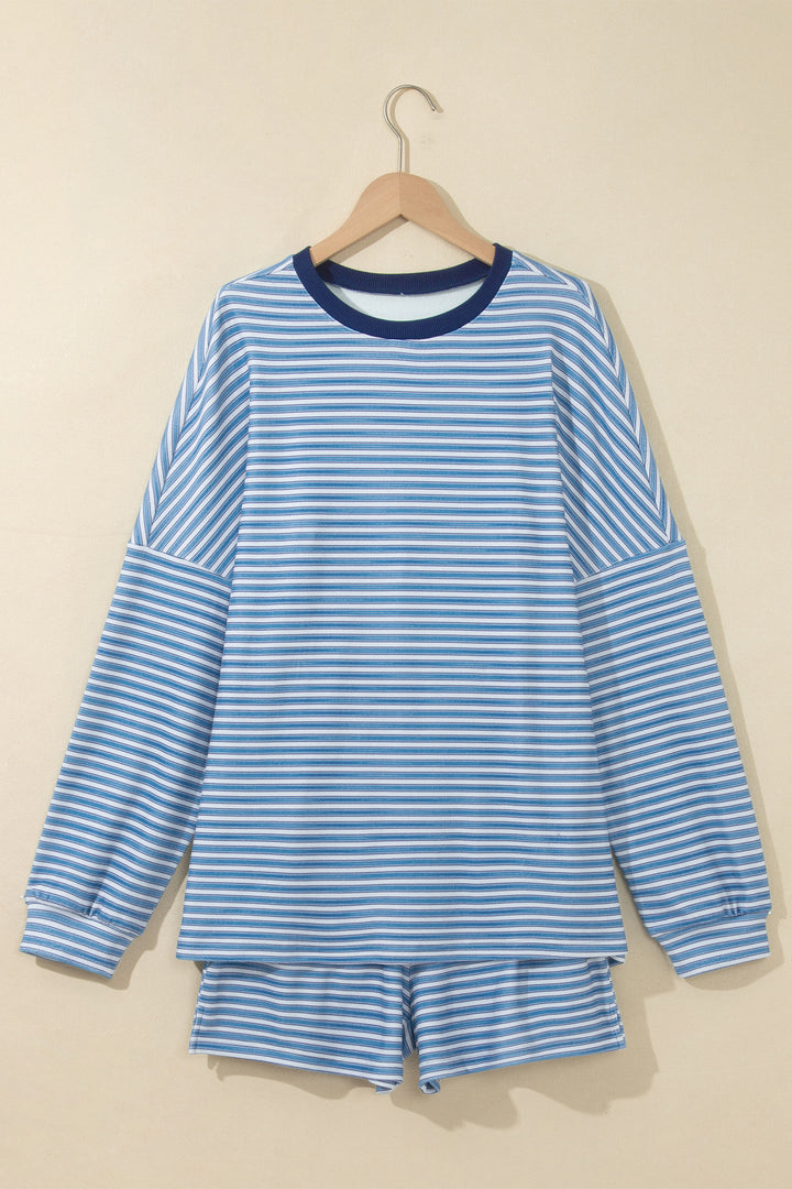 Sky Blue Stripe Long Sleeve Oversized Top Pocketed Casual Shorts Two Piece Set