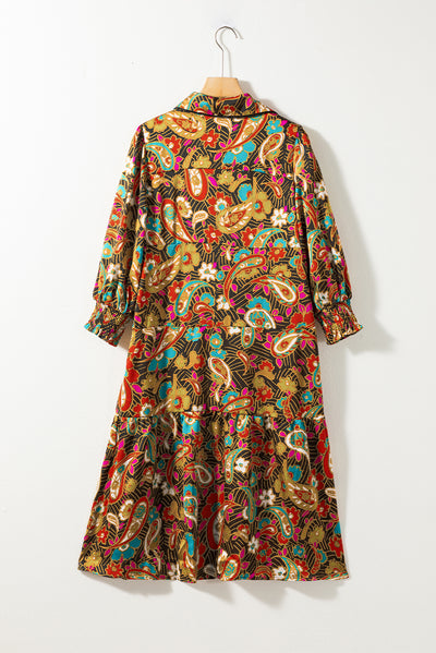 Yellow Paisley Mixed Print Collared 3/4 Sleeve Midi Dress