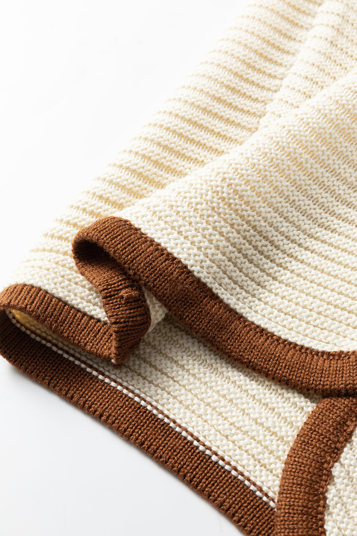 White Horizontal Ribbed Knit Contrast Trim Ties Front Sweater Vest