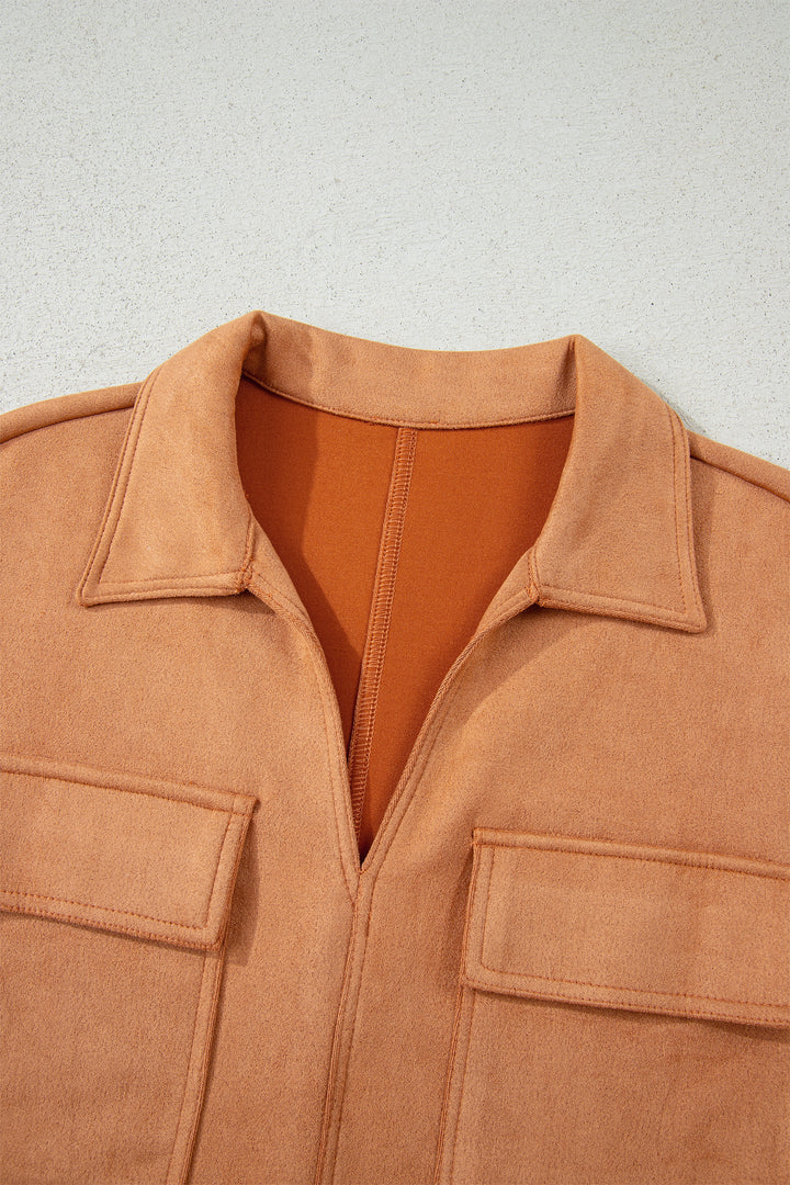 Thai Curry Collared V Neck Faux Suede Short Sleeve Shift Mini Dress