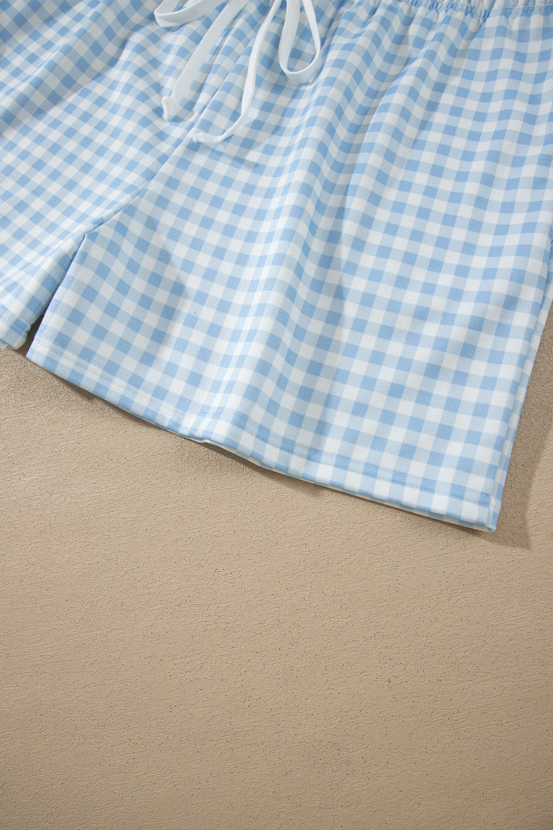 Sky Blue Gingham Loose Pullover Top Drawstring Shorts Plus Size Set