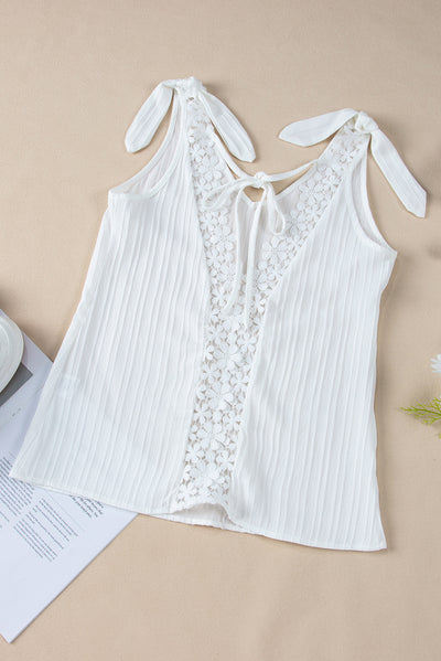 White Lace Splicing Knotted Backless V Neck Tank Top