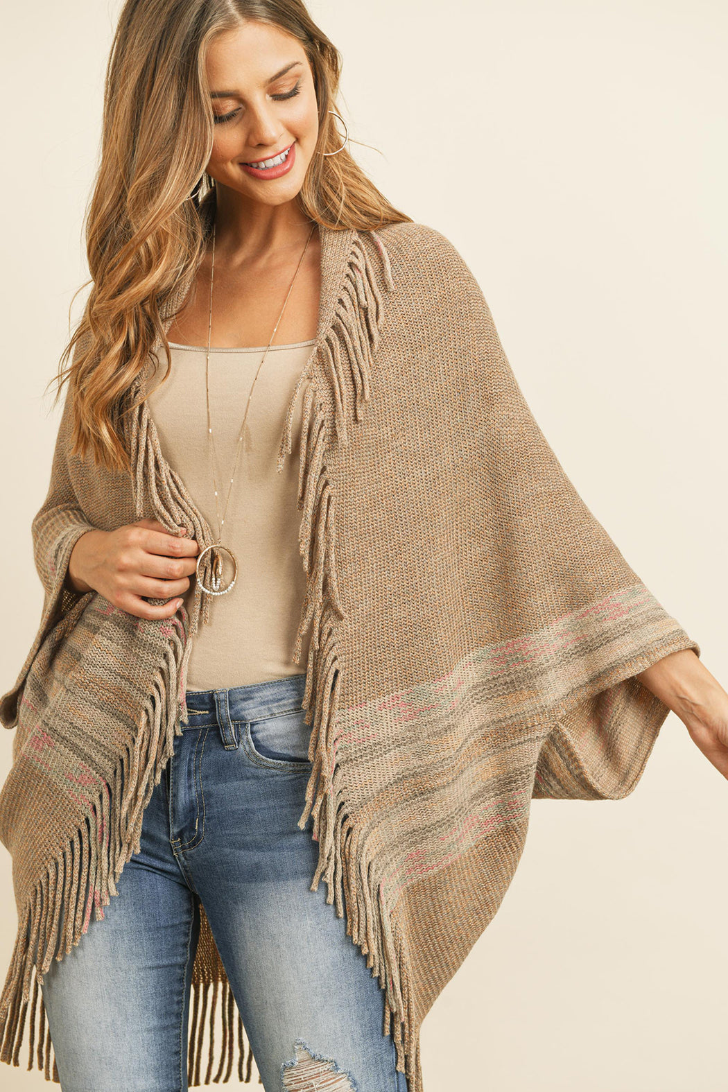 Fringe Stripe Open Front Kimono