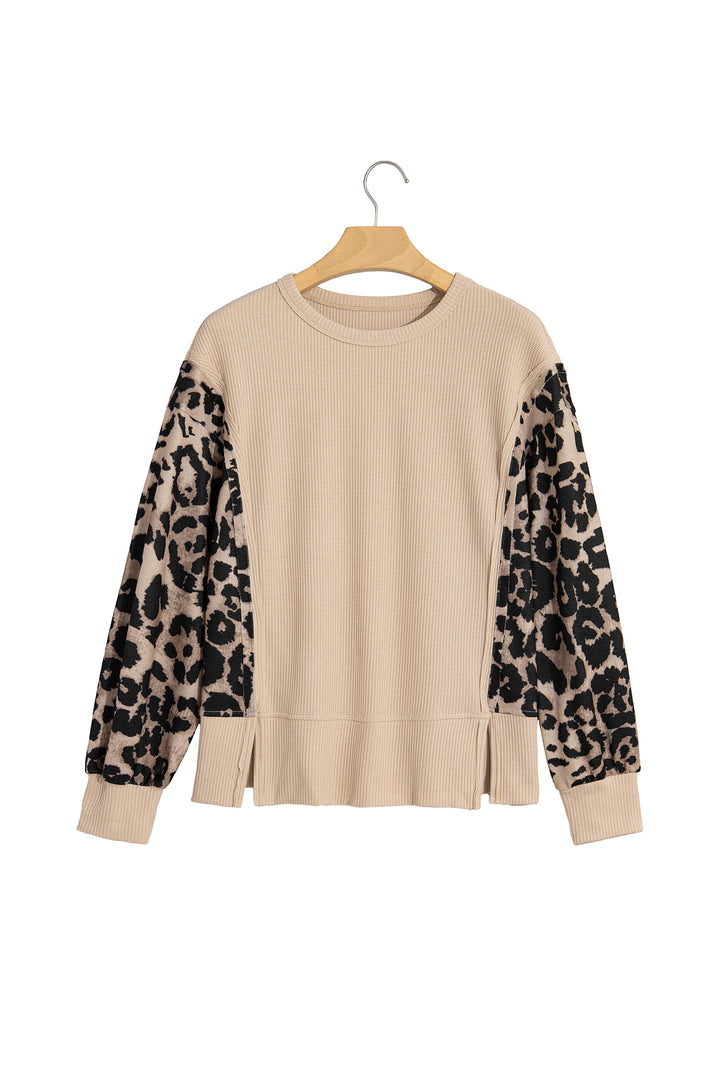 Gray Morn Leopard Sleeve Waffle Knit Split Hem Top