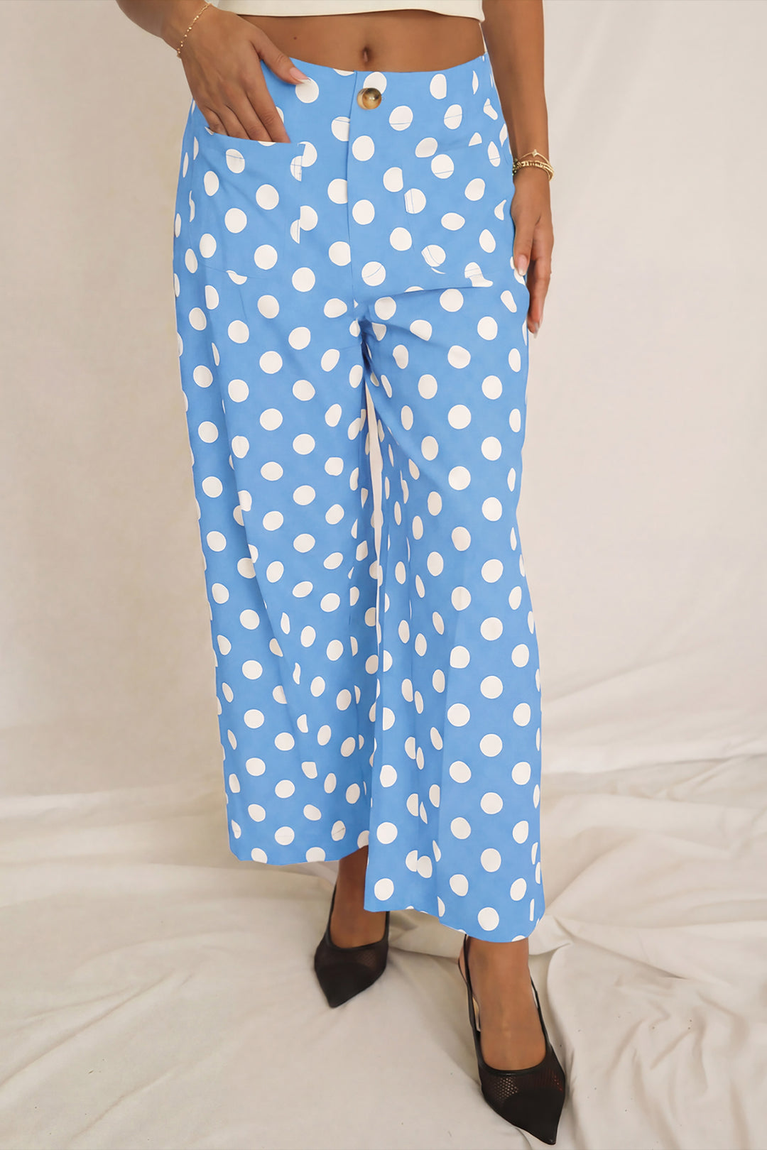 Black Polka Dot Print Patched Pocket Mid-rise Straight Leg Pants