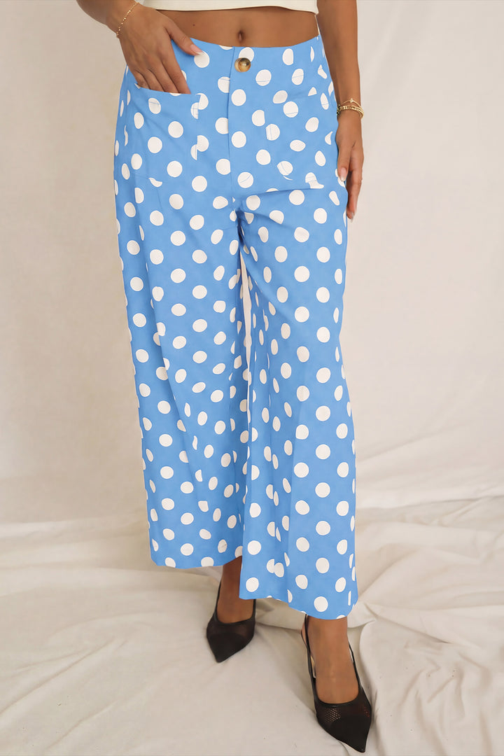 Black Polka Dot Print Patched Pocket Mid-rise Straight Leg Pants