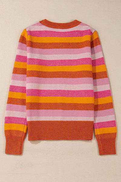 Orange Color Block Ribbed Edge Round Neck Sweater