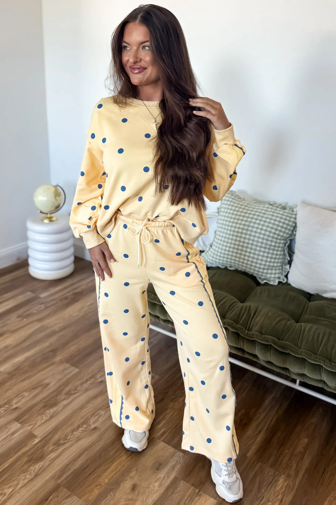Yellow Polka Dot Long Sleeve Top Patchwork Detail Loose Pant Set