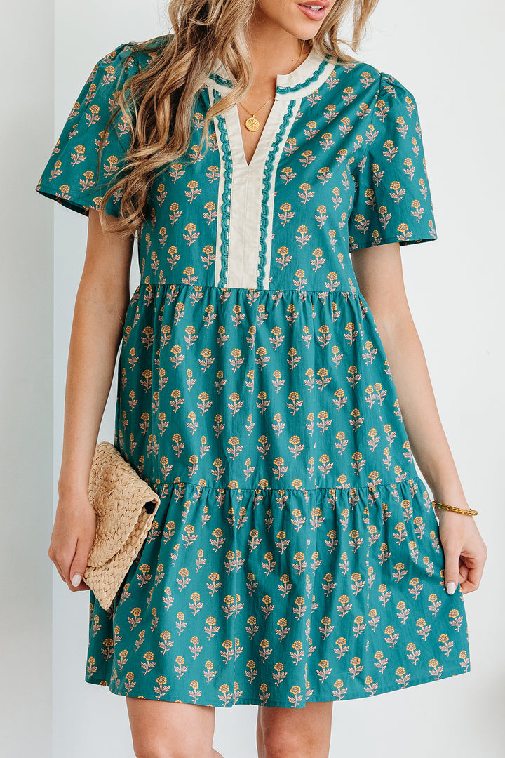 Green Contrast Trim V Neck Short Sleeve Floral Dress
