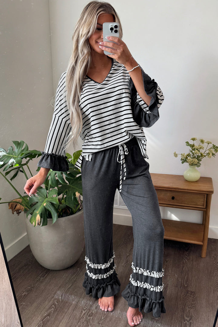 Gray Stripe V Neck Ruffle Contrast Sleeve Top Drawstring Pants 2pcs Set