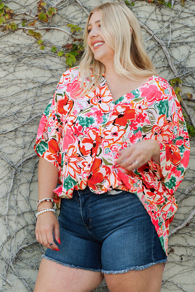 Rose Plus Size Floral Print Kimono Sleeve Shirt