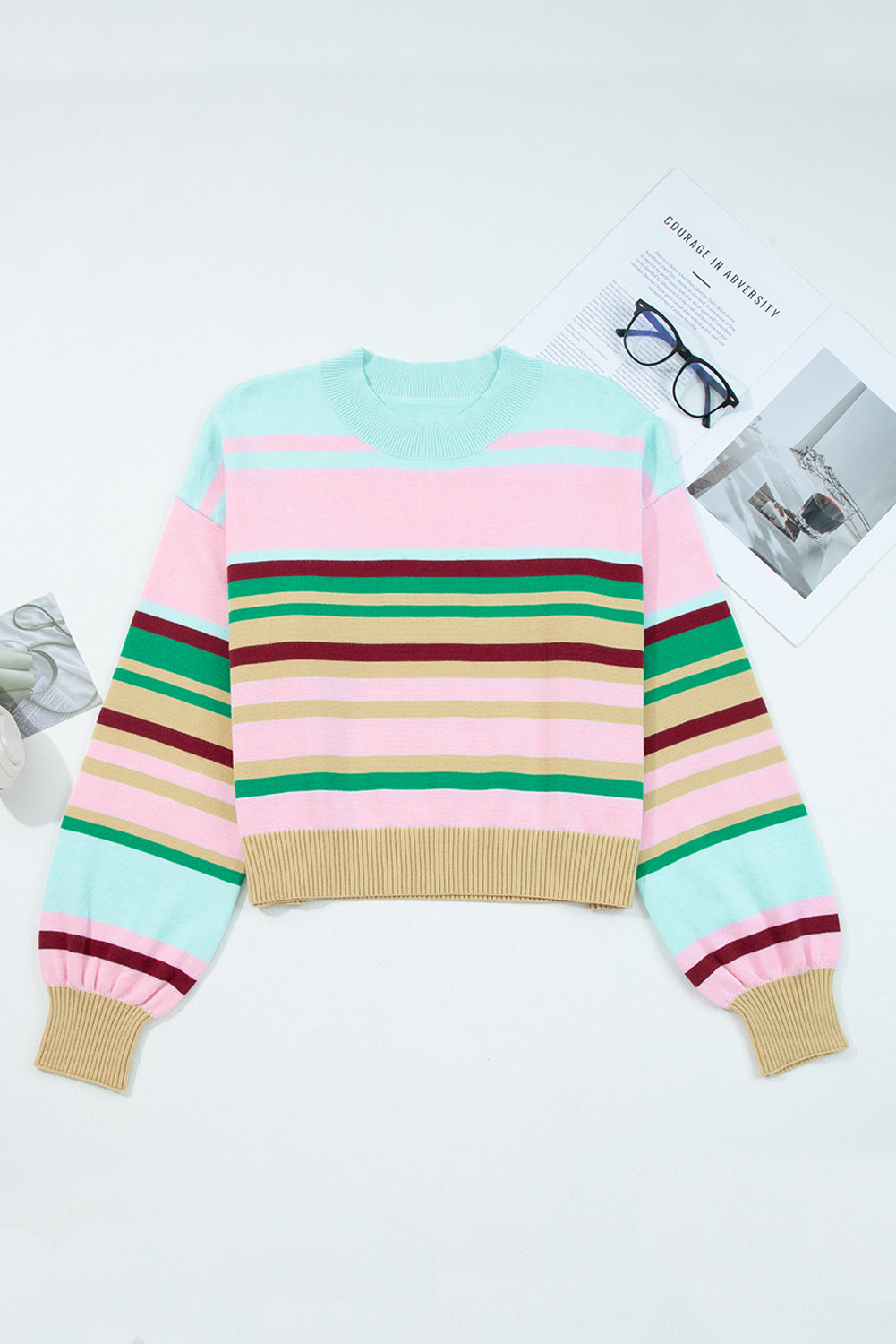 Multicolour Striped Knit Ribbed Trim Boxy Fit Cropped Sweater