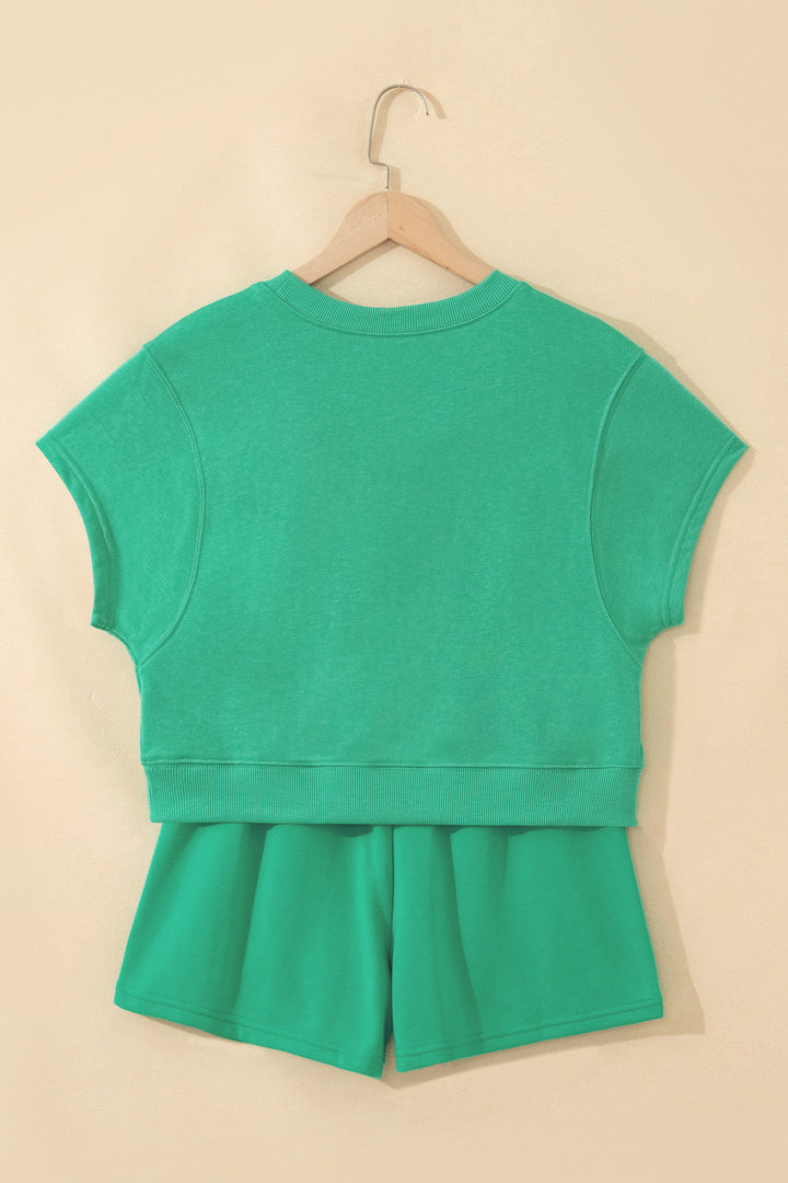Mist Blue Solid Color Loose Tee Drawstring Shorts 2pcs Outfit