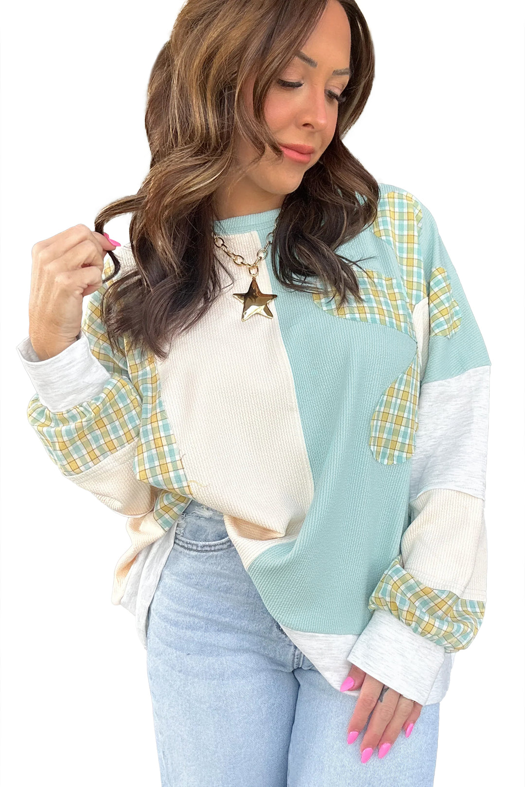 Light Blue Plaid Patchwork Round Neck Long Sleeve Top