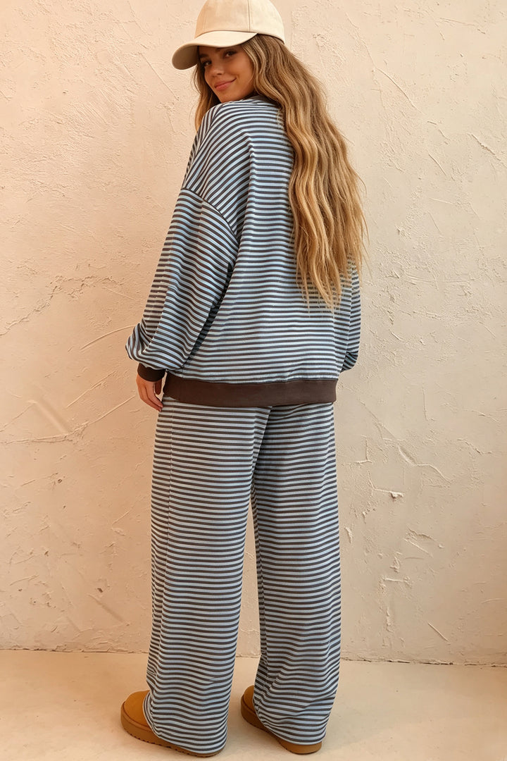 Brown Stripe Drop Shoulder Loose Top and Pants Two Piece Set