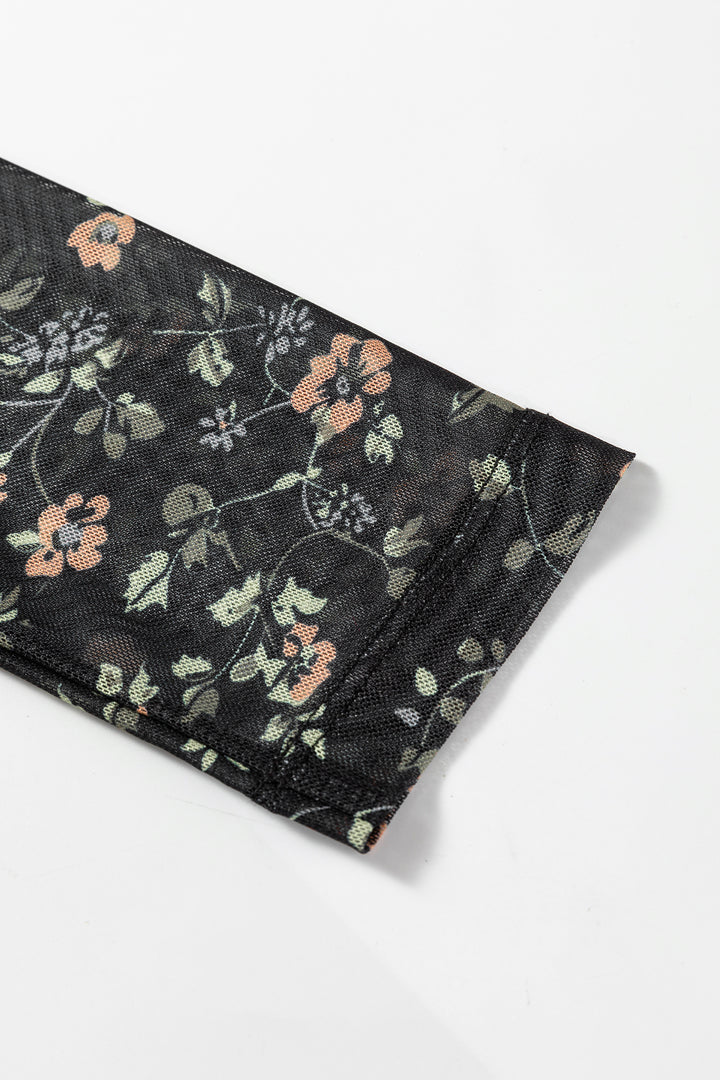 Black Floral Print Mesh Tank Button Front Slim Cardigan 2pcs Set