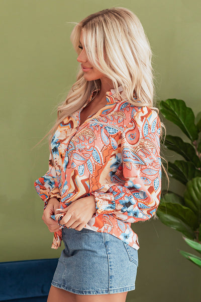 Orange Floral Print Shirred Cuff Buttoned Loose Shirt