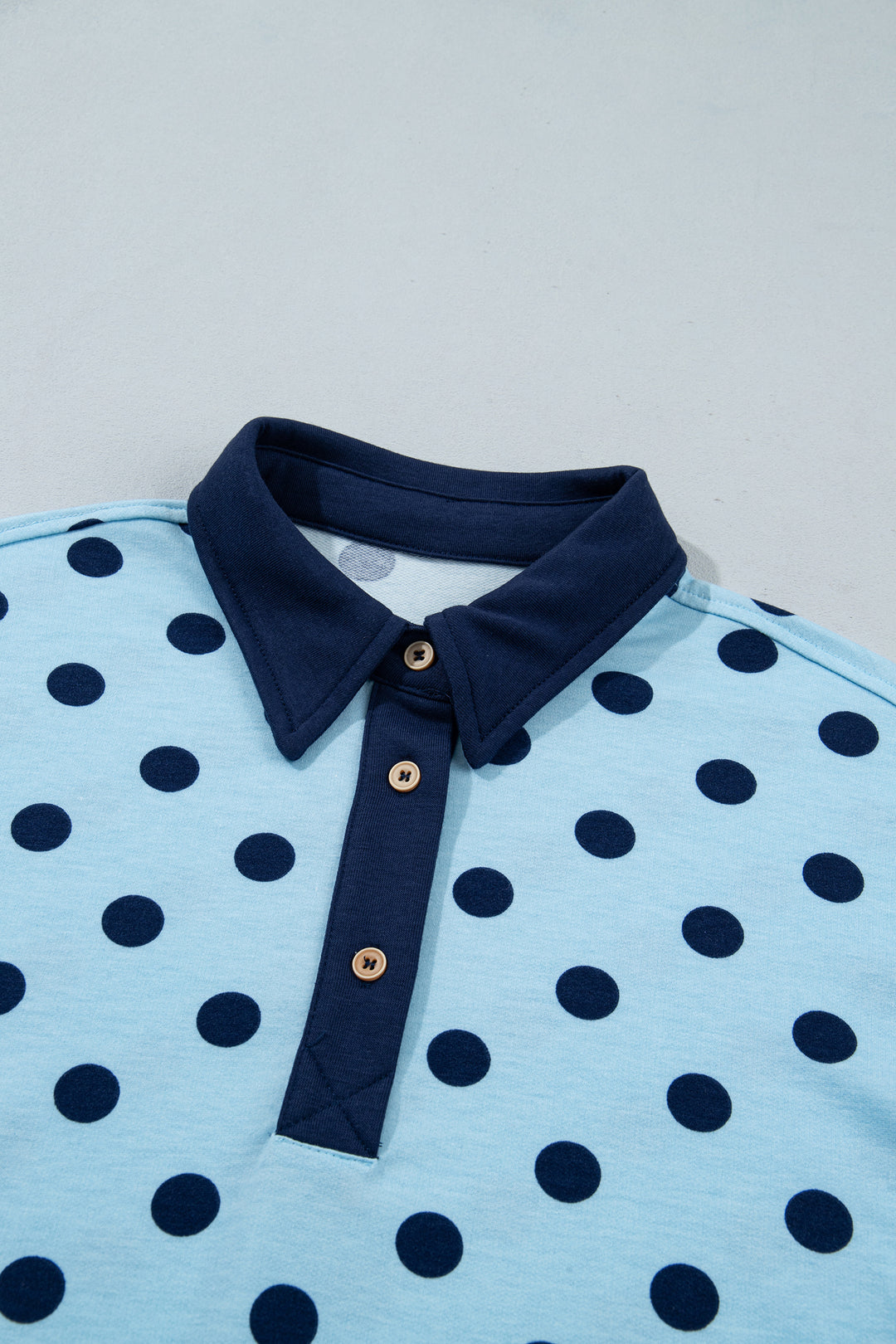Sky Blue Polka Dot Drop Shoulder Polo Loose Pullover Patch Pocket Casual Shorts Set