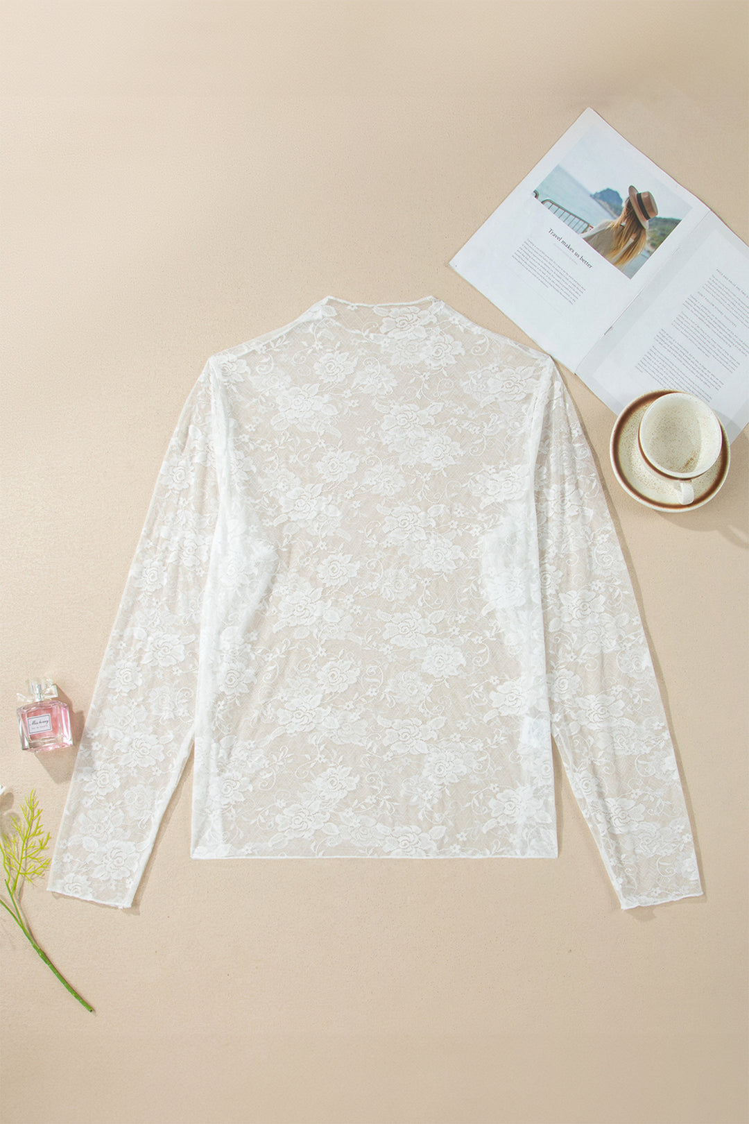 Black Plus Size Floral Mesh Long Sleeve Top