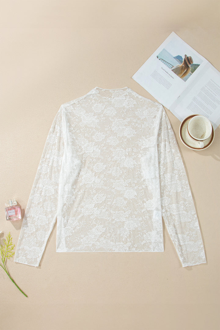 Black Plus Size Floral Mesh Long Sleeve Top