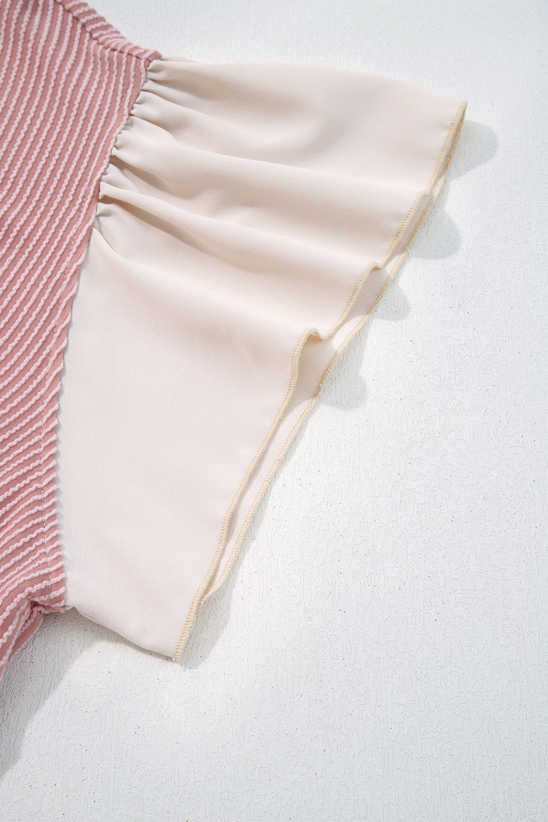 Fushia Plus Size Contrast Frilled Neckline Ruffled Short Sleeve Ribbed Textured Blouse