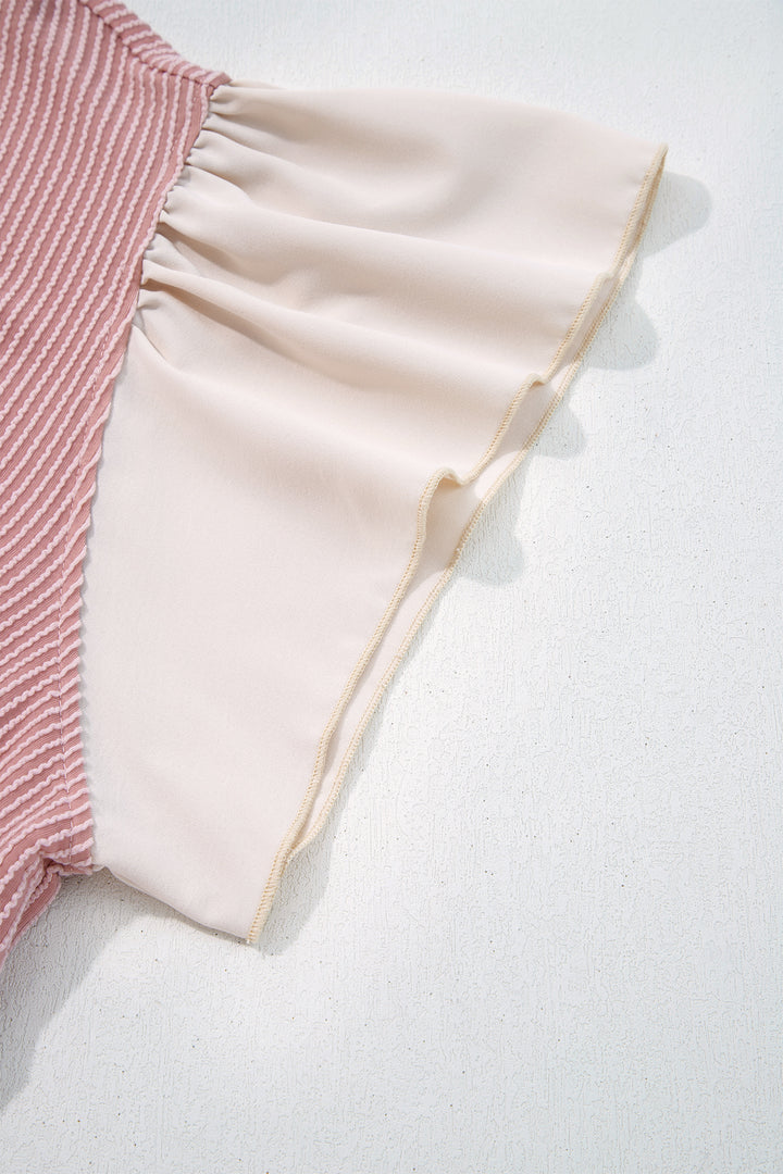 Fushia Plus Size Contrast Frilled Neckline Ruffled Short Sleeve Ribbed Textured Blouse