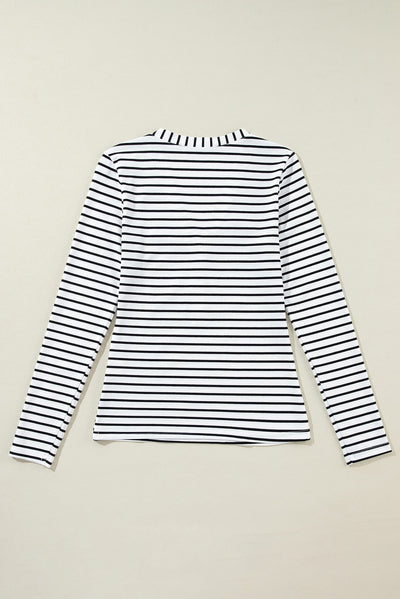 White Stripe Slim Fit Buttoned V Neck Long Sleeve T Shirt