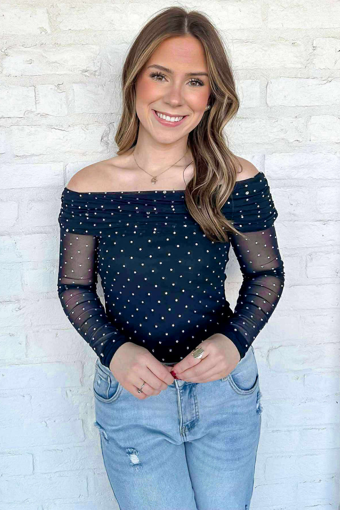 Blue Off Shoulder Polka Dot Mesh Long Sleeve Sheath Top