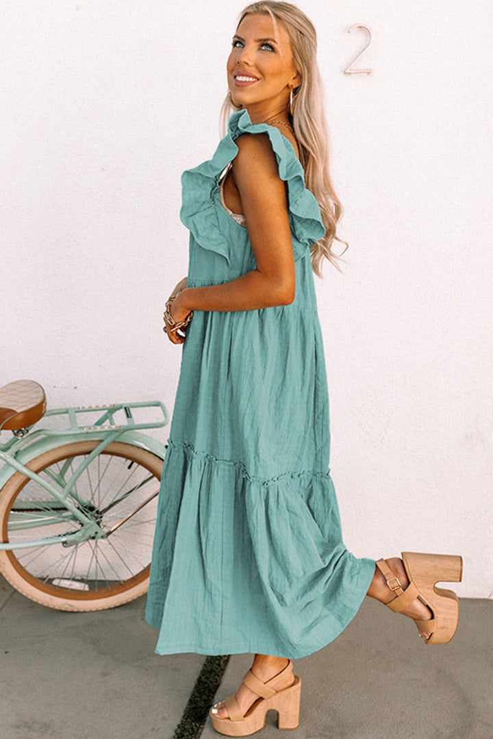 Purple Ruffled Flutter Sleeve Square Neck Textured Tiered Maxi Dress