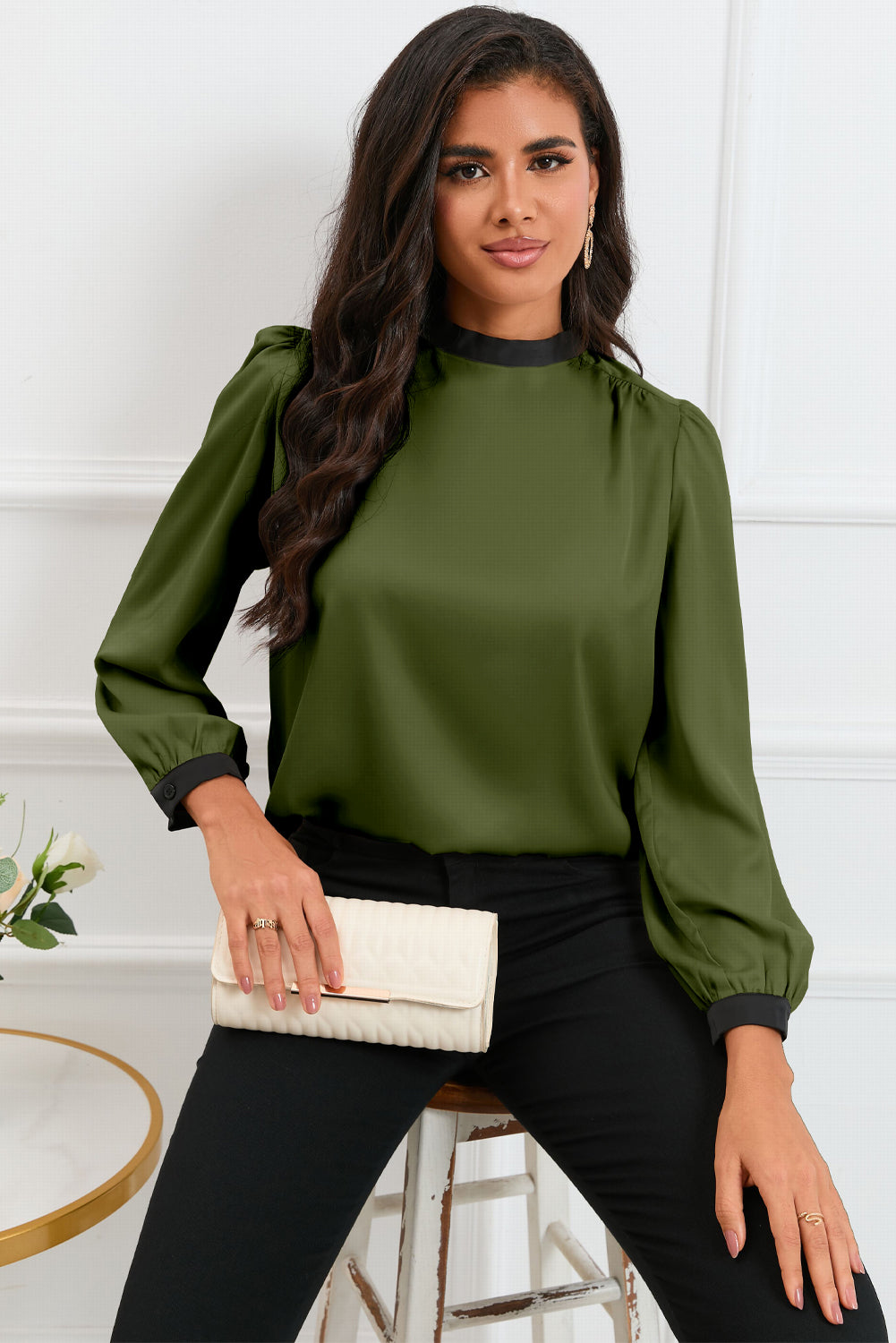 Green Color Block Bow Back Mock Neck Blouse